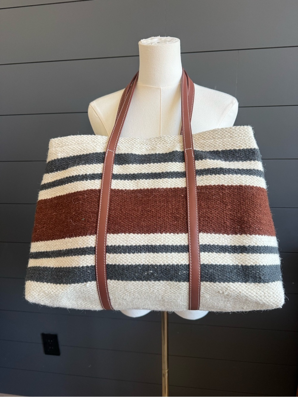 Mango MNG Wool Blend Striped Woven Shopper Tote Bag Rustic Boho Southwestern Lrg